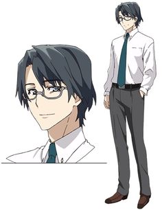 a digital drawing of an anime character, a man with short black hair and glasses, wearing a white shirt, teal tie, and gray pants. he is depicted standing against a white background with soft lighting.