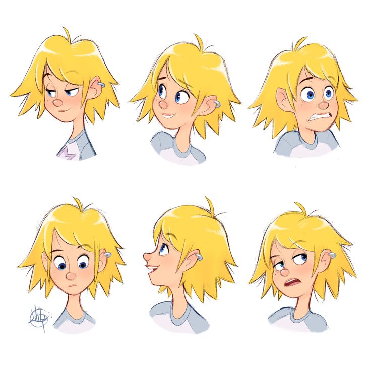the image shows a character design expression sheet of a cartoon girl with blonde hair. there are six different illustrations of her showing various expressions from different angles, including a side profile, front view, and threequarters view. she is wearing a tshirt and has an earring in her left ear.
