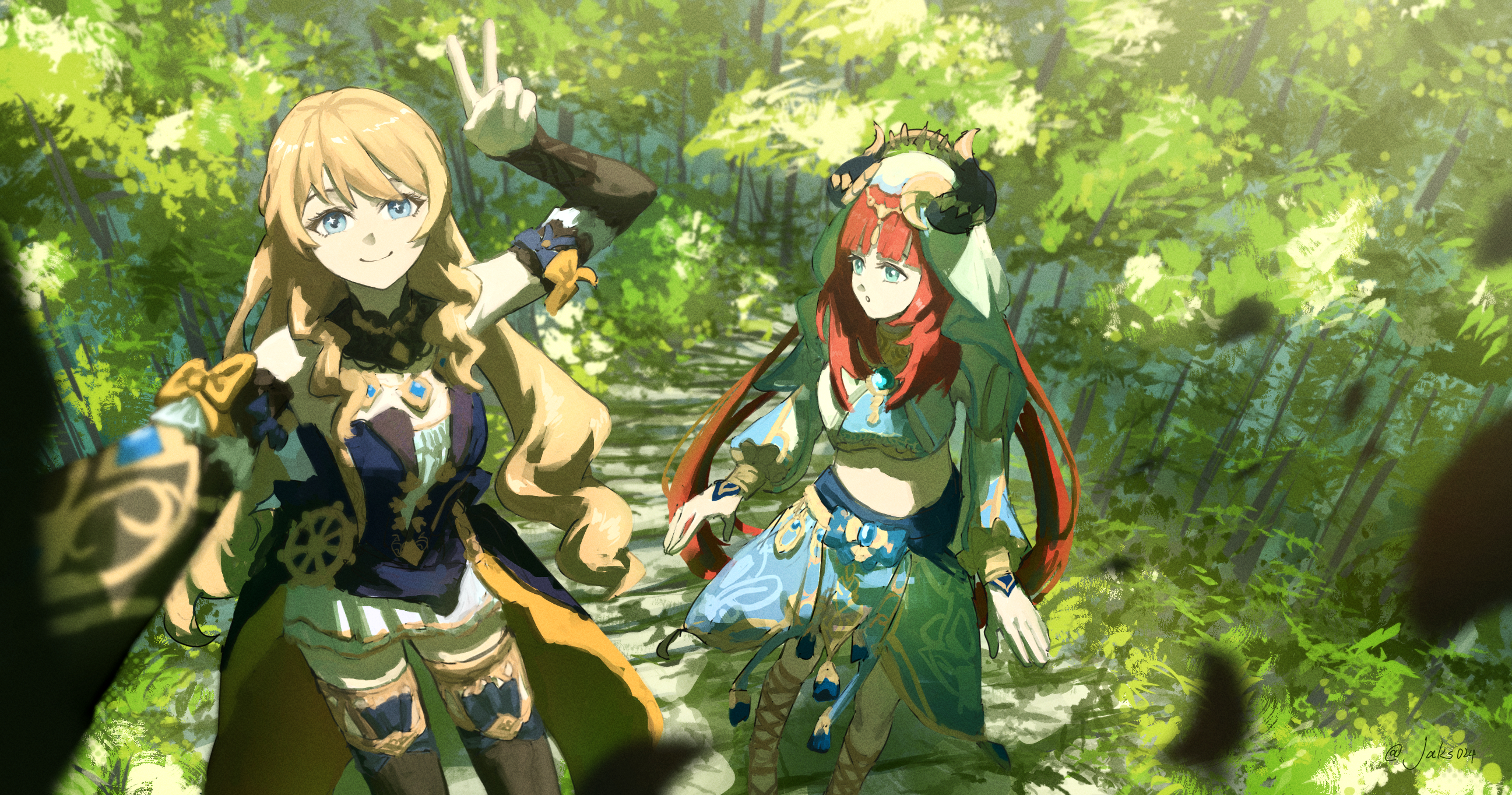 the image shows two female characters from the game genshin impact, jean and dehya, taking a selfie in a forest. jean, a blonde woman with blue eyes, holds up a peace sign while holding a selfie stick. dehya, with red hair and horns, smiles brightly while walking alongside her. the forest is lush and green, illuminated by dappled sunlight filtering through the canopy. the perspective is from a low angle, as if taken by the selfie stick itself.