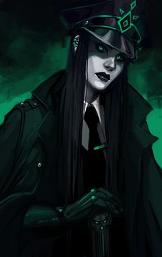 the image showcases a woman in a dark militaryinspired uniform. her attire, primarily black, features a distinctive cap adorned with a skull emblem. her pale skin contrasts against her attire, highlighting her piercing gaze and green eyes. the backdrop is a smoky, green haze, adding to the overall mysterious and somewhat ominous atmosphere of the portrait.