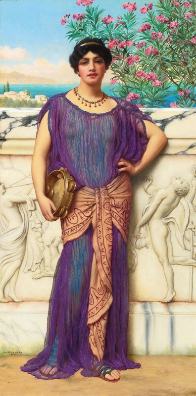 a painting by john william godward shows a woman in classical dress standing in front of a marble wall with relief figures. she wears a purple and blue sheer dress with a patterned sash at the waist, along with sandals, a beaded necklace and a gold headdress. she holds a tambourine in her left hand, and her right hand rests on her hip. the background includes a landscape with water, a town, and flowers in bloom. the overall style is realistic and detailed.