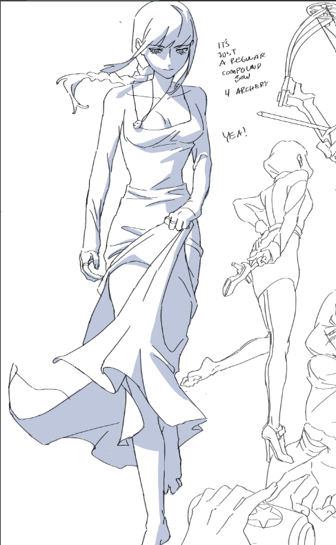 a line drawing of an anime woman in a dress holding up the hem of her skirt, her hair is flying in the wind, and she's looking over her shoulder, there is another anime woman in the background holding a gun, and a bow and arrow.