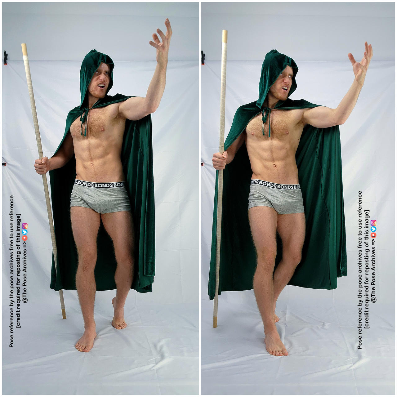 a caucasian male with short red hair and a muscular physique is standing with his weight on his right leg. he is holding a wooden staff in his right hand and his left hand is raised as if casting a spell. he is wearing a green cloak that falls to his knees, grey underwear, and nothing else. there are two identical images of the man side by side. the background of the image is white.  the image appears to be a reference photo for artists.