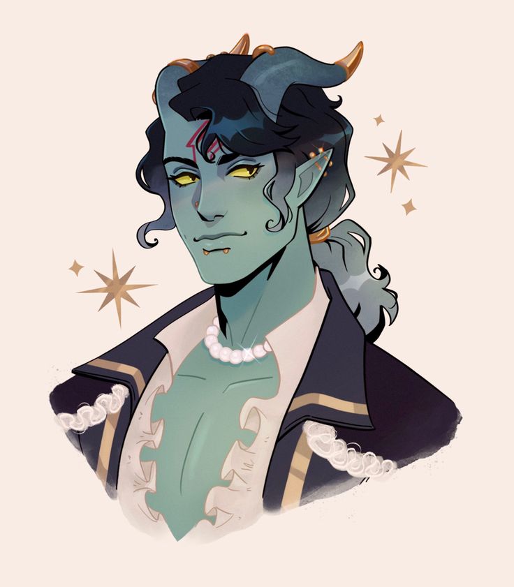 a digital illustration of a humanoid character with green skin and horns.  they are wearing a pirate's jacket with gold accents and a pearl necklace.  their eyes are bright yellow, and they have a slight smirk on their face. there are golden stars in the background.
