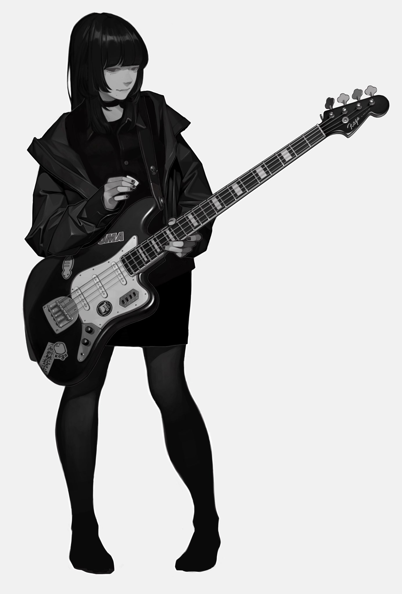 the image shows a monochrome illustration of a young anime girl standing and playing a bass guitar. she's dressed in a dark jacket, skirt, and tights, giving off a cool and stylish rock or punk vibe. the illustration is done in grayscale, emphasizing the details of the clothing, guitar, and the girl's posture. the overall style is sophisticated and detailed, suggesting professional artistic skill.
