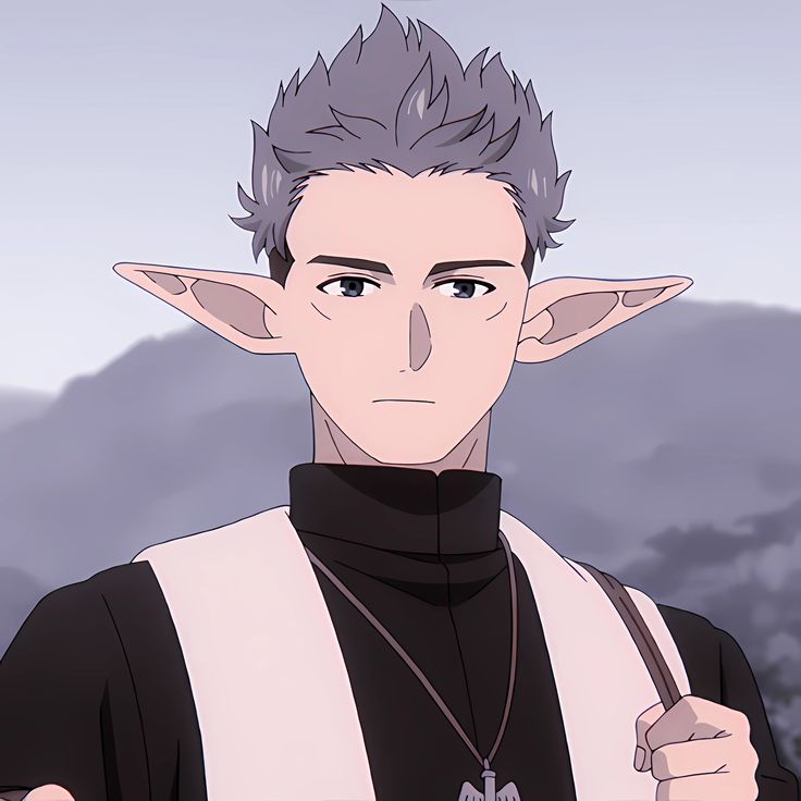 a closeup portrait of an anime male character with pointed ears, a darkcolored outfit, and a necklace with a cross. he is looking towards the viewer with a contemplative expression. he is standing in a setting that appears to be outdoors with a mountainous landscape in the background.