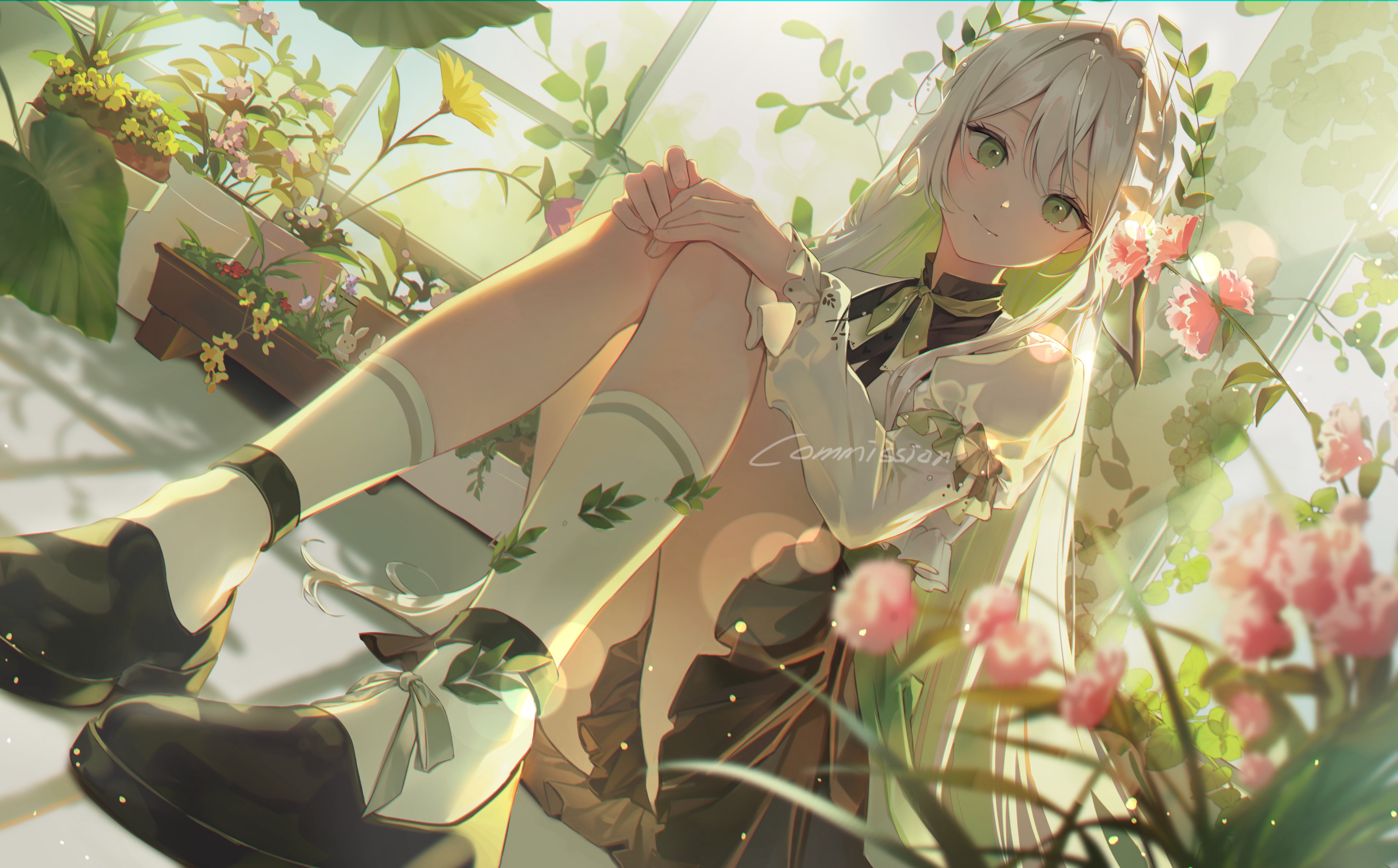 he image is a digital painting of an anime girl with long white hair and green eyes. she is wearing a white and light brown dress, white socks, and dark shoes. she has a floral crown on her head. she is sitting amidst lush greenery in a greenhouse, surrounded by various plants and flowers. the sunlight streams through the glass, casting a warm glow on her and the surrounding plants. the overall style is soft, pastel, and delicate, conveying a serene and peaceful atmosphere. the artwork is highquality and detailed, showcasing the artist's skill in capturing light, texture, and emotion.