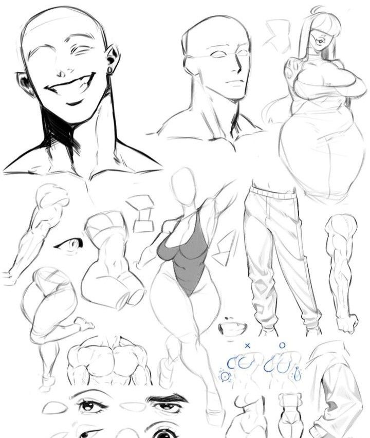 the image is a collection of anatomical sketches and gesture drawings focusing on the human form. it features various studies of male and female bodies, including different poses, muscle structures, and clothing styles.  individual parts, such as eyes, hands, and torso sections are also included for detailed study. the style appears to be a blend of realistic anatomy with stylistic elements reminiscent of manga or anime, particularly in the character designs.  the drawings are all in grayscale, utilizing line work to define form and shading to suggest volume. the overall purpose is likely for artistic practice and development of drawing skills.