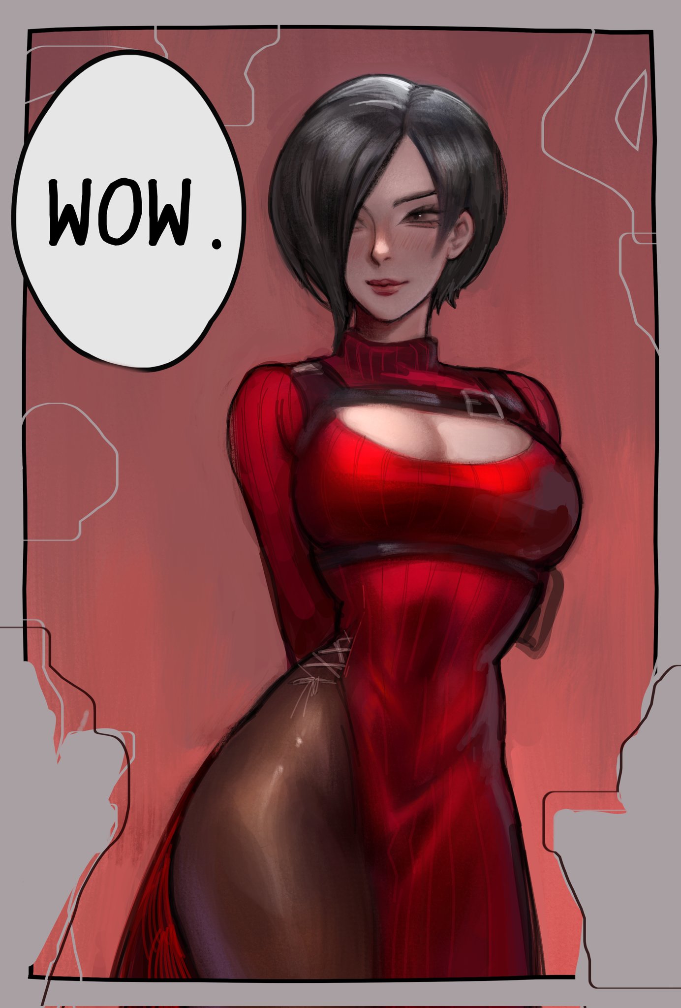 an illustration of ada wong, a video game character, wearing a revealing red dress with a cutout at the chest, showing cleavage. a speech bubble with the word "wow." is positioned next to her. the background is red.