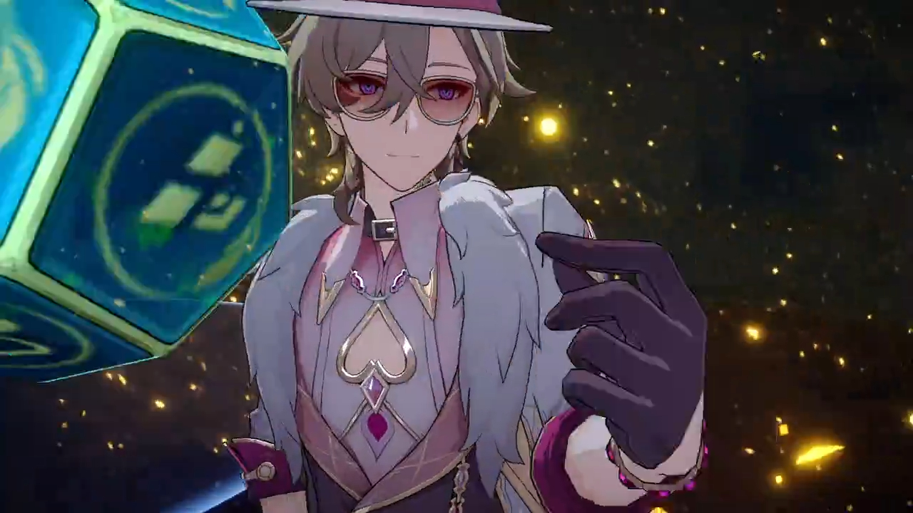 a male character from genshin impact, scaramouche,  is shown with his signature purple gloves.  the character is wearing a pink, white, and black outfit, with a large diamond in the center.  scaramouche is wearing a hat and sunglasses.  there is a bluegreen cube in the foreground, with the background being a black, starry sky.