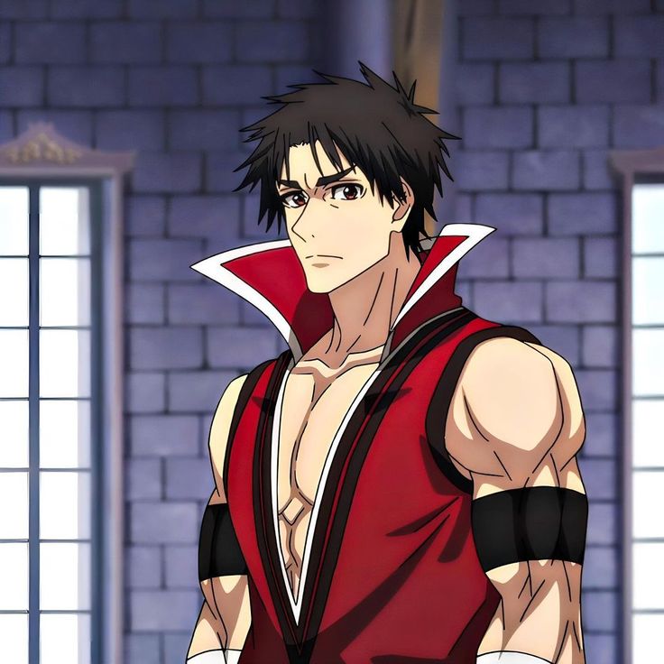 a muscular anime character with black hair and a red and black outfit. he has a serious expression on his face and appears to be ready to fight. he looks powerful and strong.