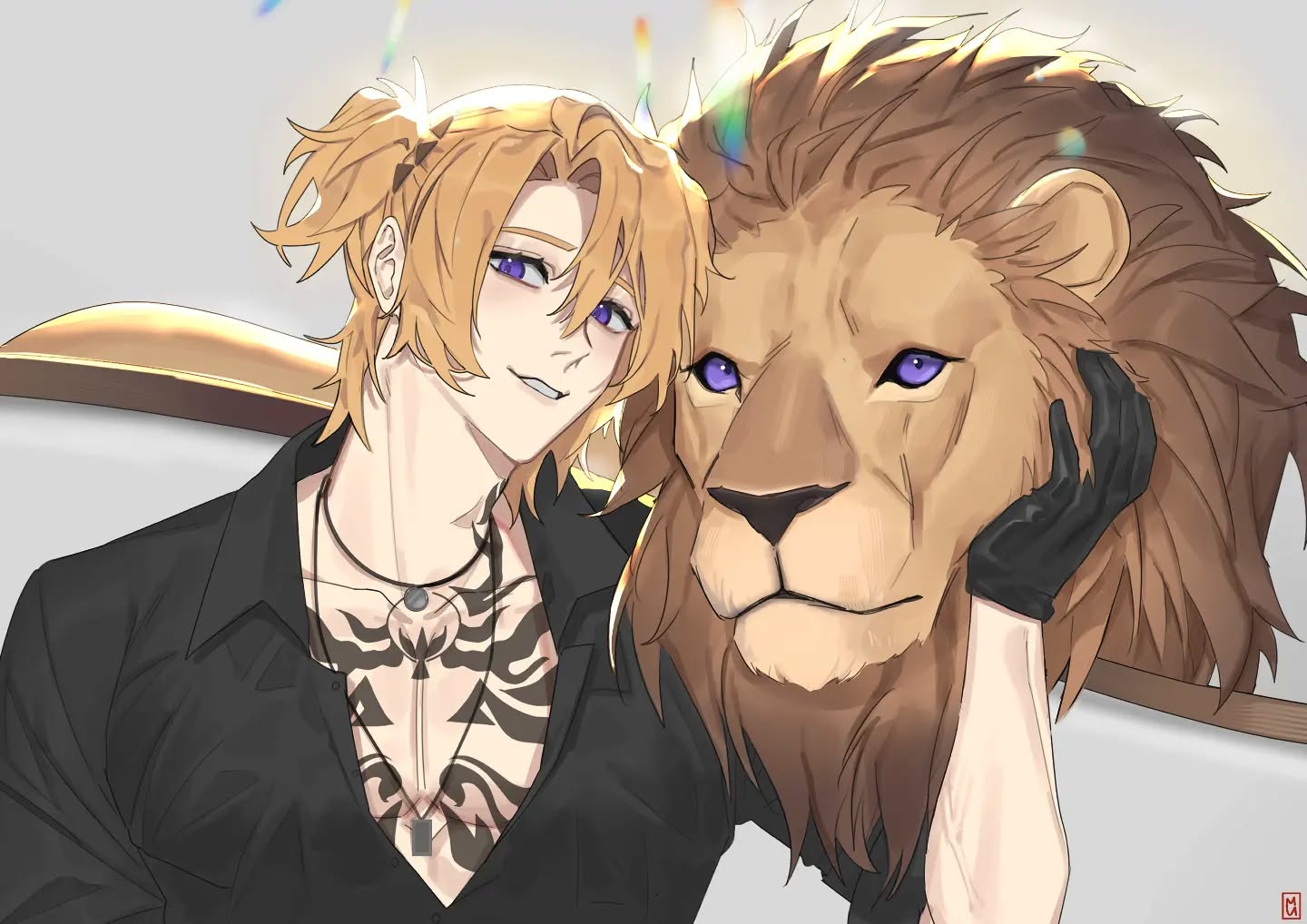 the image is a digital drawing or painting in an anime style. it features a young man with blonde hair styled in pigtails, purple eyes, and a tribal chest tattoo. he's wearing a black shirt and black gloves. he's affectionately leaning against a large, realisticlooking lion's head, also with purple eyes. the background is muted and indistinct, focusing attention on the figures in the foreground. the overall mood is one of peaceful companionship and perhaps a sense of regal elegance.  the art style is soft and detailed, with smooth lines and subtle shading.