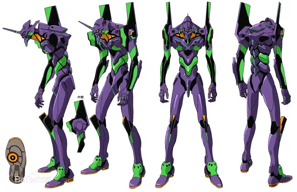 this is a digital illustration of the eva01 robot from the anime series neon genesis evangelion. the illustration shows the robot from different angles: front, back, and side, and includes closeups of the legs and feet.  the robot is a purple and green humanoid mecha, with a detailed design and a sleek, aggressive look. the art is high quality, with clean lines and vivid colors.  the white background highlights the robot and helps to create a clean and modern look.