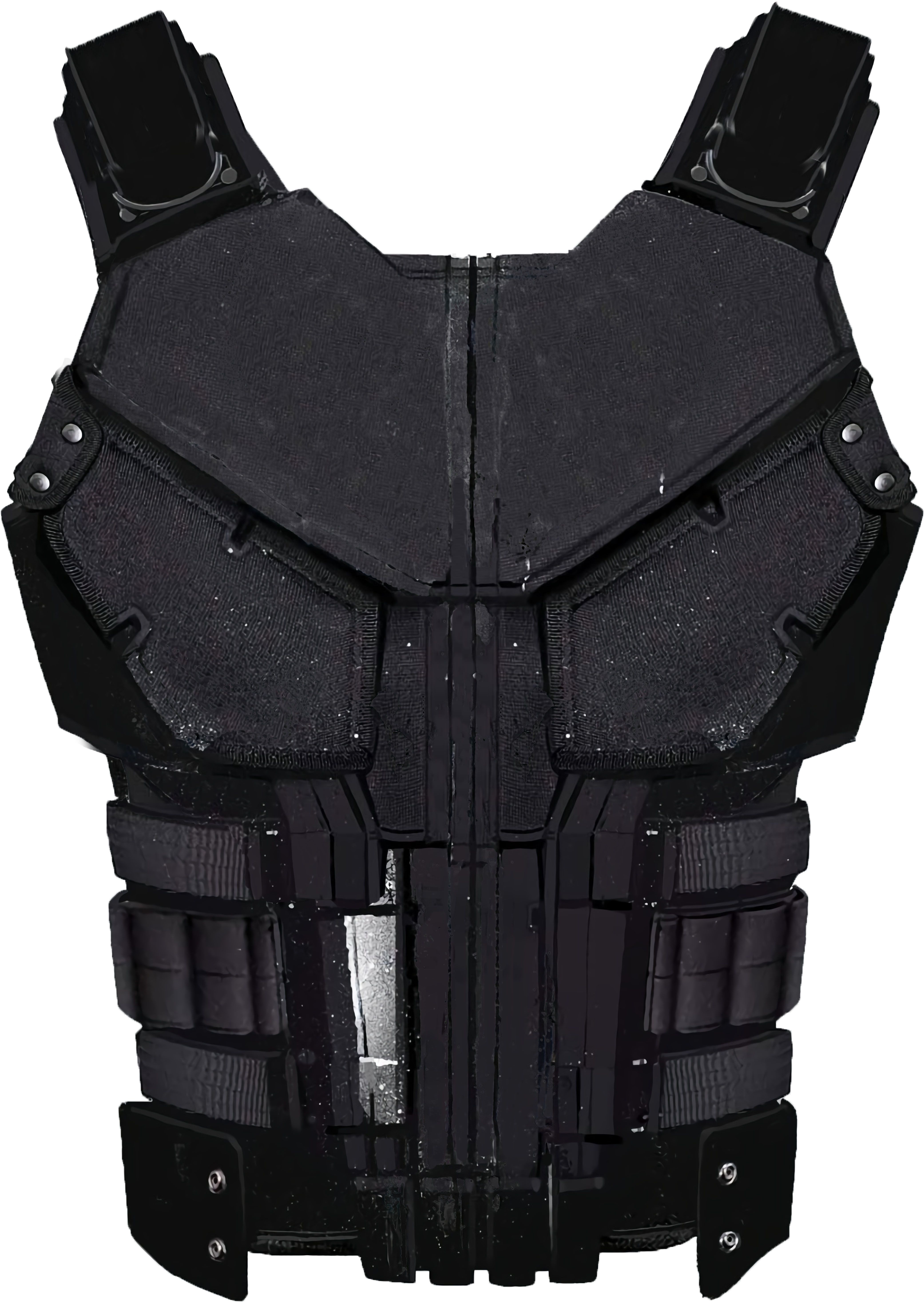 this is a black tactical vest with multiple compartments and straps. it is designed to protect the wearer from injury.