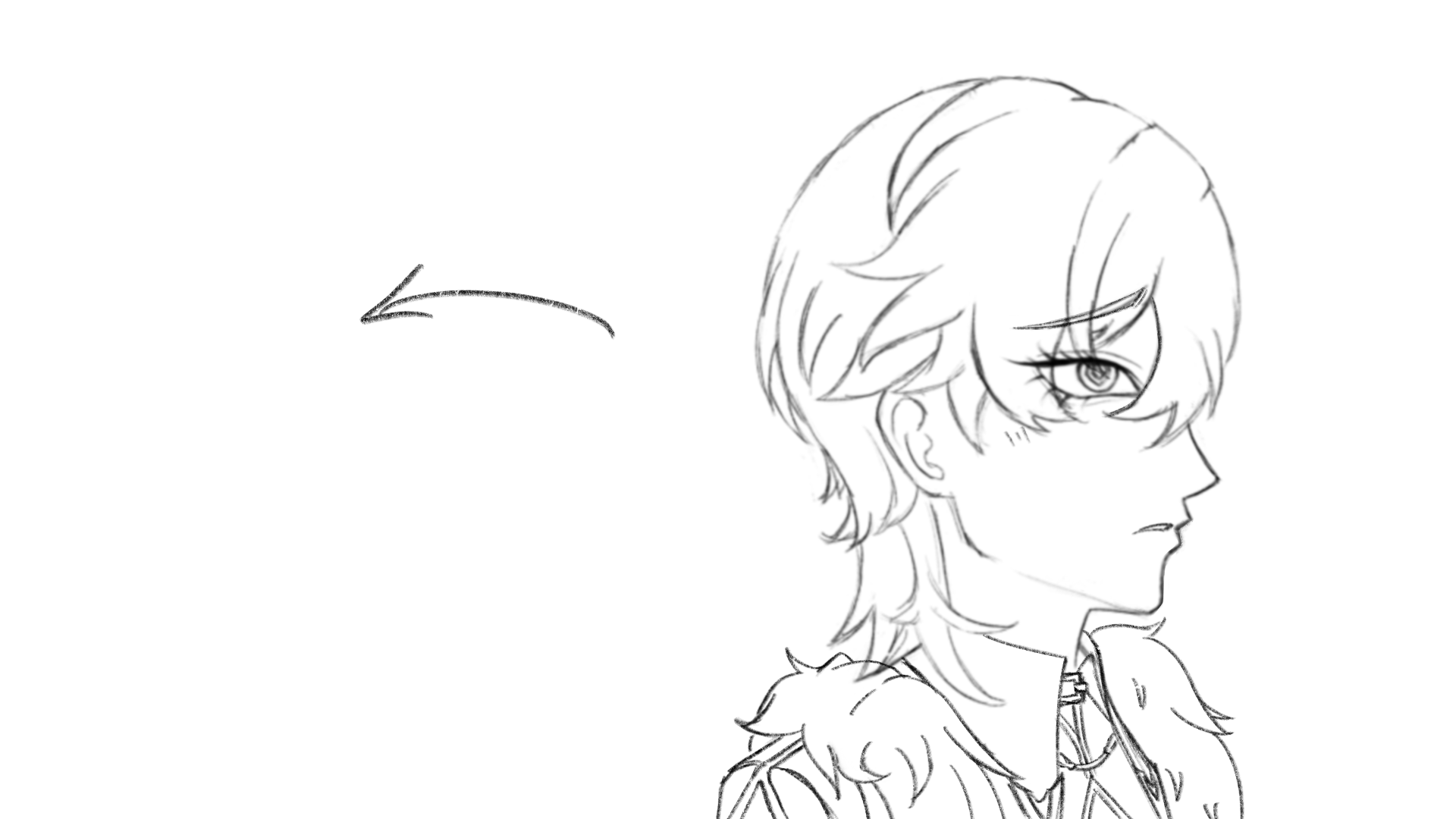 a black and white line drawing shows an animestyle character in a side view, with an arrow pointing towards them. the character is likely tartaglia from genshin impact, and the drawing is a sketch or line art.