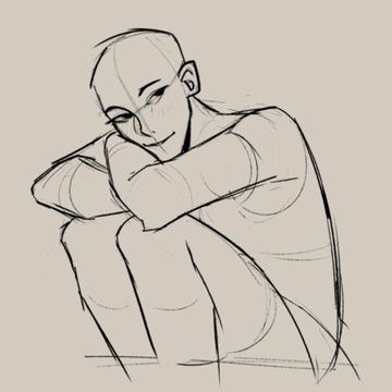 a simple line drawing of a man sitting with his chin resting on his hand.