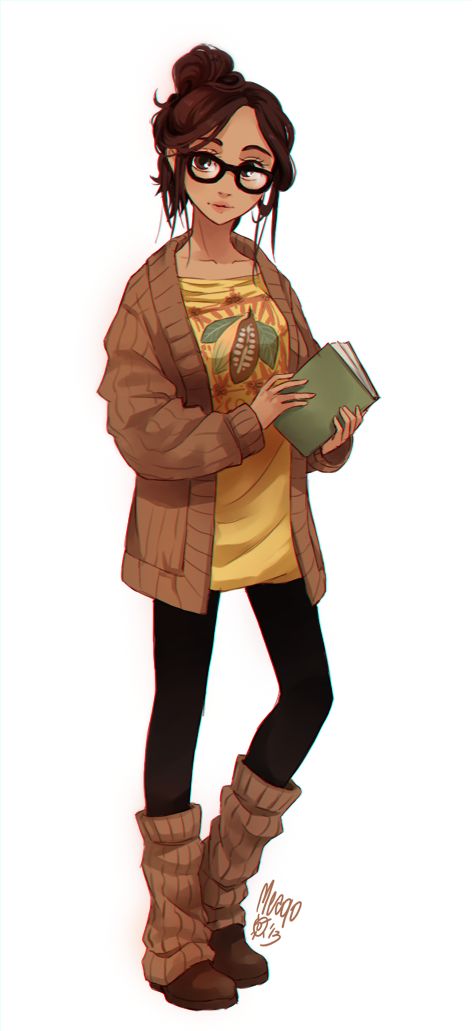 this is a digital illustration of a young anime girl with brown hair and glasses. she is wearing a brown sweater, black leggings and brown boots. she is holding a book in her hands and is looking off to the side.
