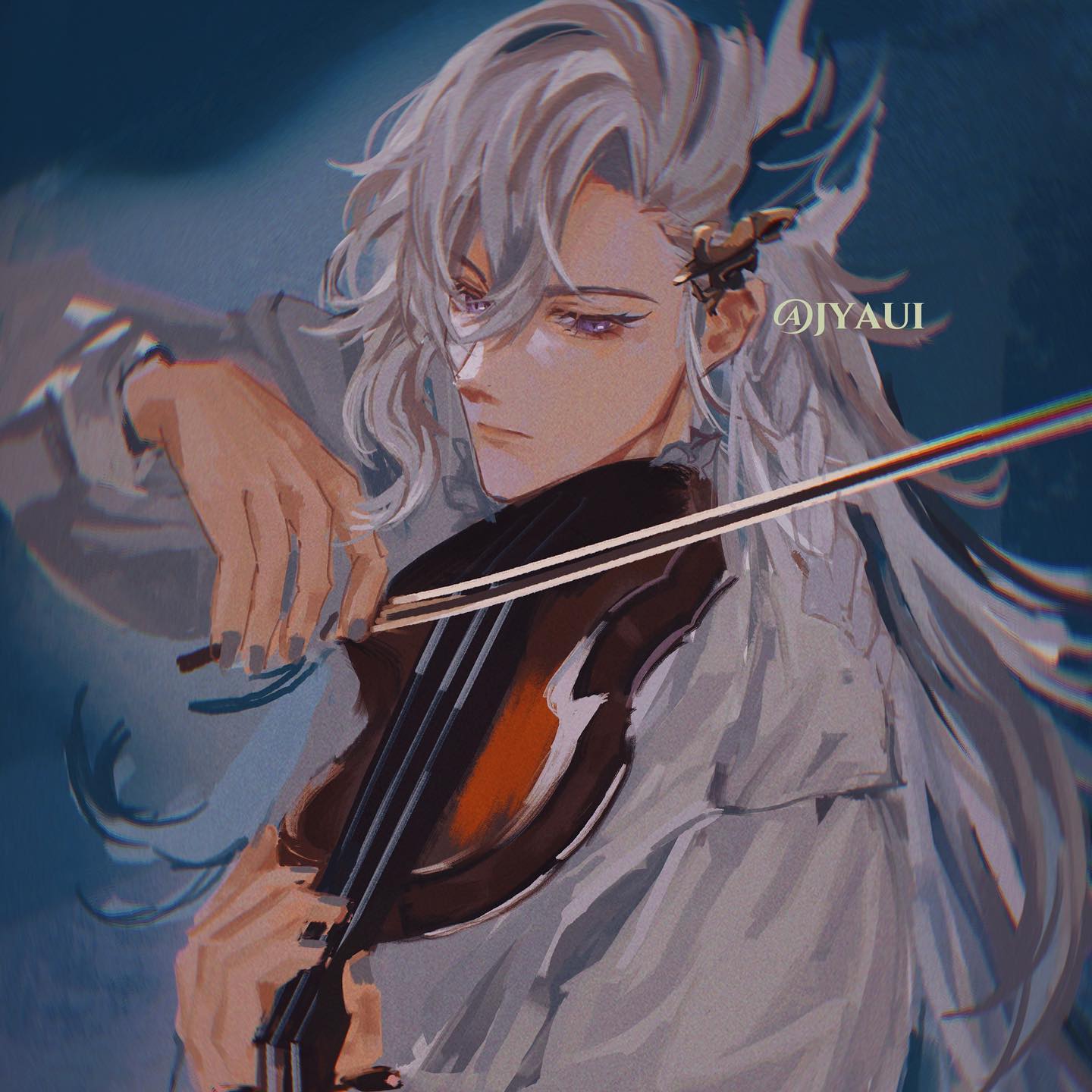 the image is a digital painting of an animestyle male character with long, flowing white hair. he is dressed in a light gray, loosefitting shirt and is playing a viola. the character's expression is serious and somewhat melancholic. the style of the painting is painterly and expressive, with visible brushstrokes and a muted color palette. the background is dark and indistinct, drawing focus to the character. the overall mood is somber and elegant.