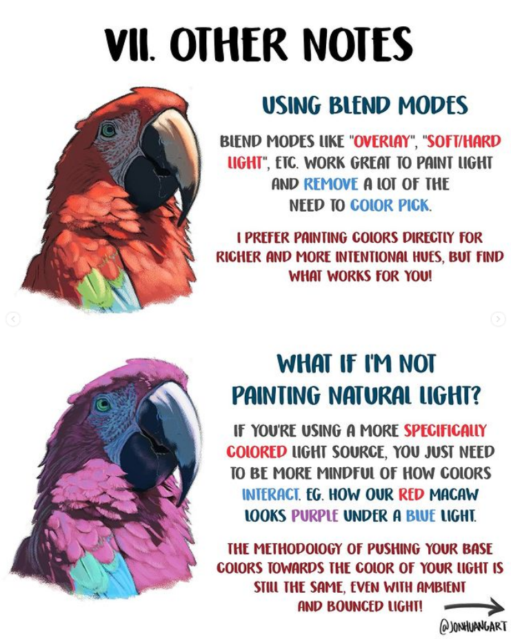the image is a digital art tutorial from artist jonhuangart, focusing on advanced techniques for painting light and color. it uses a scarlet macaw as an example subject. the tutorial is divided into two sections:  "using blend modes" explains how to utilize blend modes like "overlay" and "soft/hard light" for efficient lighting. the second section, "what if i'm not painting natural light?", discusses how to adapt the techniques when working with colored light sources, emphasizing the interaction of colors under different lighting conditions.  the overall message is that the core concept of pushing base colors towards the light source remains consistent, regardless of whether the light is natural, colored, ambient, or bounced.  the tutorial is presented with two comparison images of the macaw under different lighting conditions.