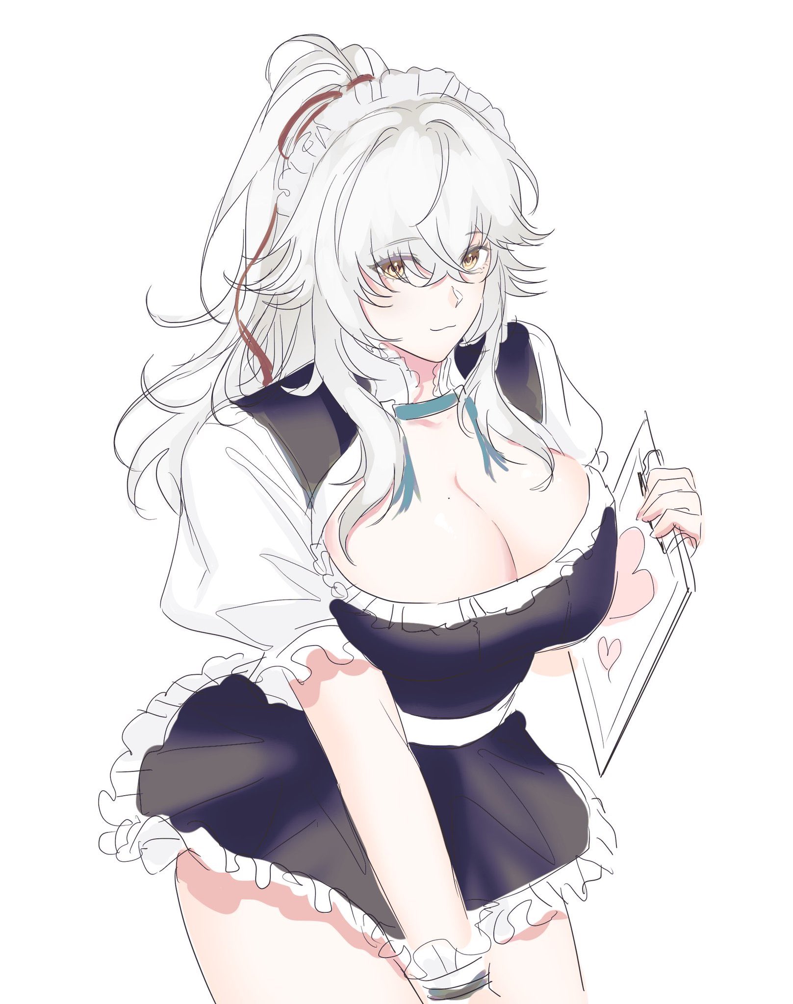 the image is a digital drawing of an anime girl dressed as a maid. she has long white hair, yellow eyes, and a big smile. she is wearing a black and white maid dress with a white collar. she is holding a white card with a red heart on it. the background is white.