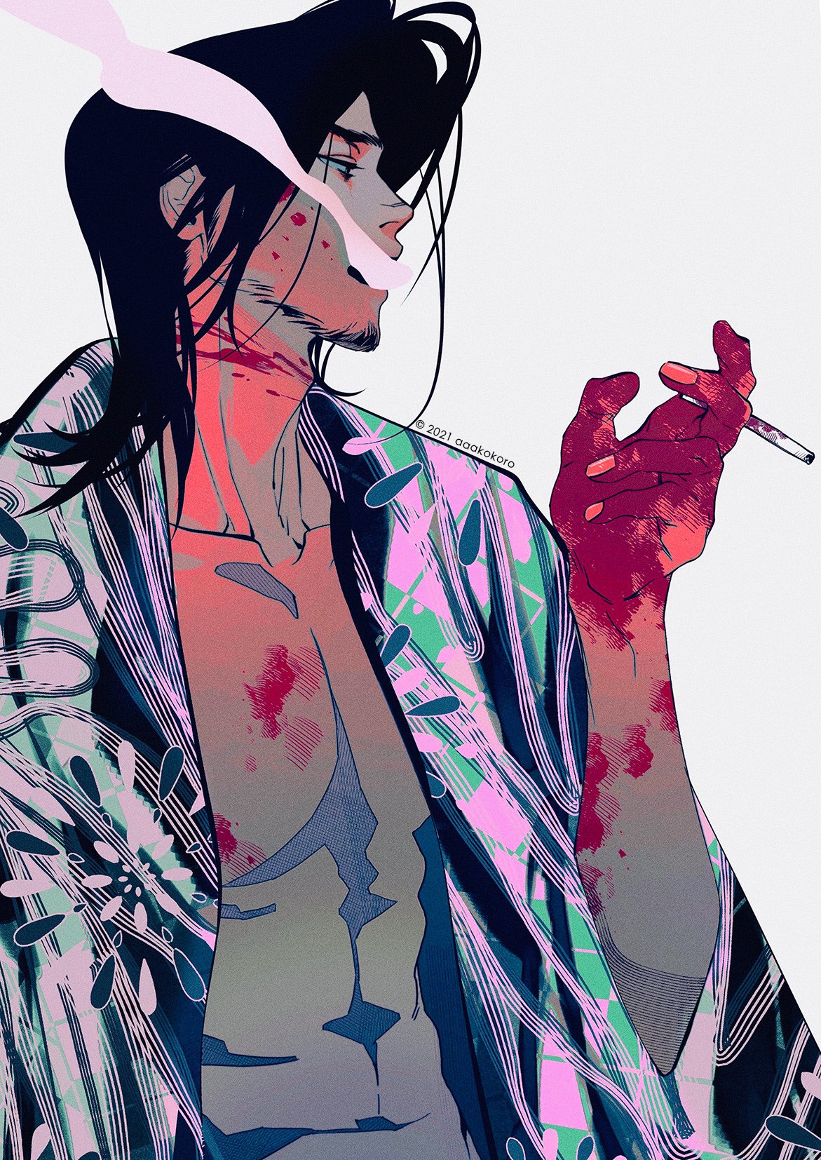 the illustration depicts a young man with long black hair, wearing a partially unfastened kimono with a floral pattern. he is smoking a cigarette and has blood splattered across his chest, arms, and face, suggesting a recent fight or injury. the art style is reminiscent of anime or manga, with sharp lines and vibrant colors. the lighting is dramatic, casting deep shadows and highlighting the character's features.