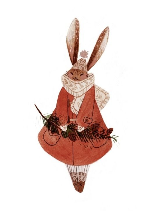 a watercolor illustration of a rabbit dressed in winter clothing, including a coat, scarf, and hat, and holding pine branches with pine cones. the rabbit is primarily brown and cream colored.