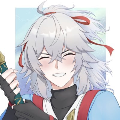 this is a digital art piece depicting a female anime character with white hair and red eyes. she is smiling and holding a sword. the character is from the video game genshin impact and her name is albedo. the image is drawn in a cute and adorable style with a pastel color palette. it is clear that she is a happy and cheerful character.