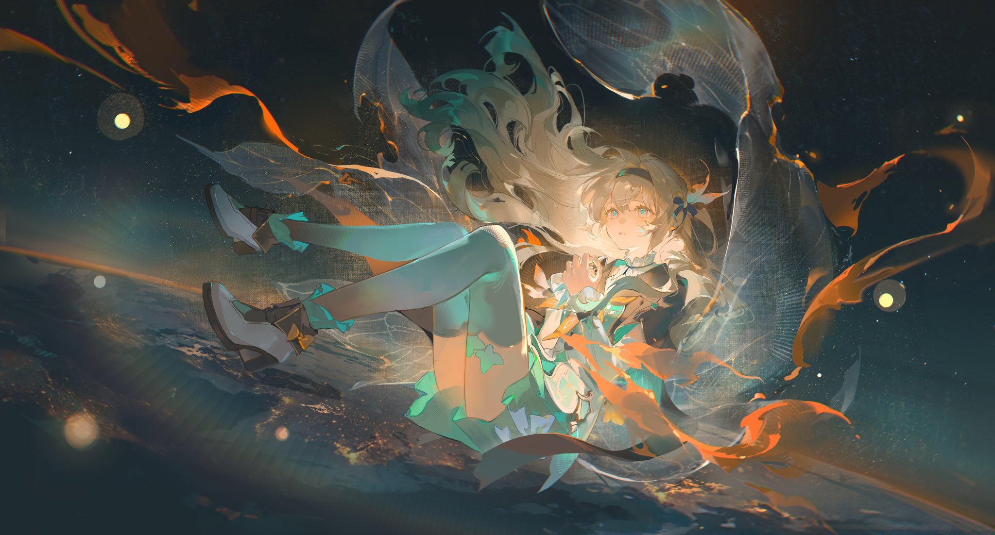 the image shows a young woman with long flowing blonde hair, falling gracefully through space. she is wearing a detailed white and teal dress with thighhigh stockings and white boots. a translucent, flowing fabric surrounds her, mimicking the swirling patterns of nearby nebulas. she is illuminated by a soft, ethereal light against the backdrop of a dark, starry expanse and the curvature of a nearby planet.