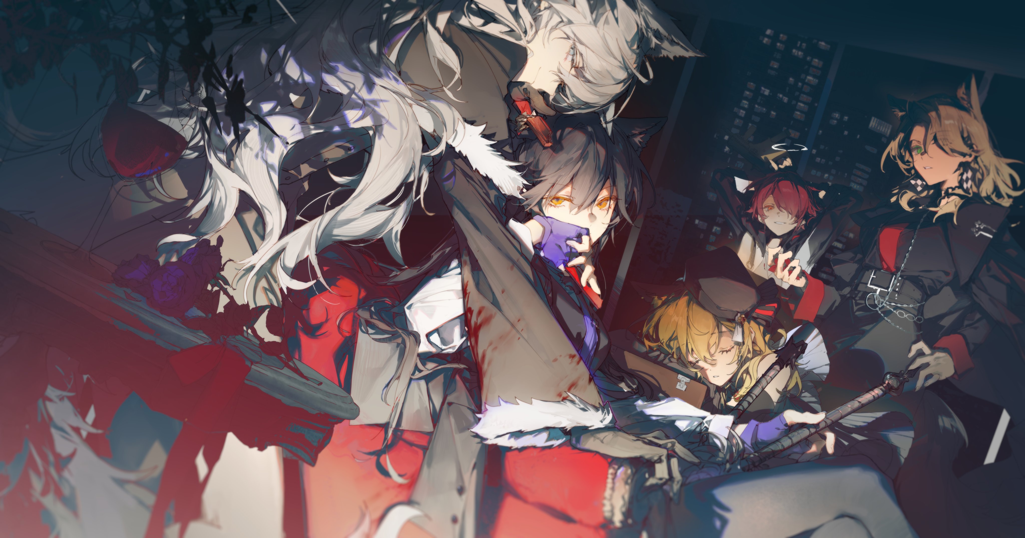 the image shows anime characters from the game arknights, likely members of the lupo race. in the foreground, there are characters with wolf ears, one with white hair and the other with black hair and orange eyes. they are wearing suits and formal wear. a character is also shown with a sword in hand. in the background, there are other characters, one with a halo, and a city scene at night with buildings visible. weapons such as axes are also visible.