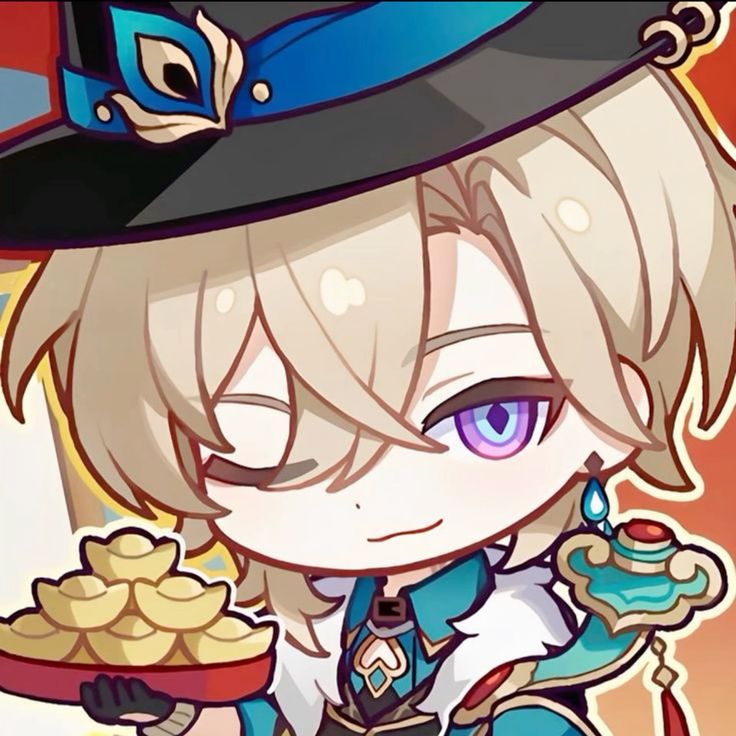 this is a chibistyle fanart of albedo from genshin impact. he is depicted wearing a stylish hat with a peacock feather detail and a teal and gold outfit.  he has a playful expression, winking and holding a plate of gold coins, suggesting a celebration like the chinese new year. the art style is clean, bright, and emphasizes his cute features.