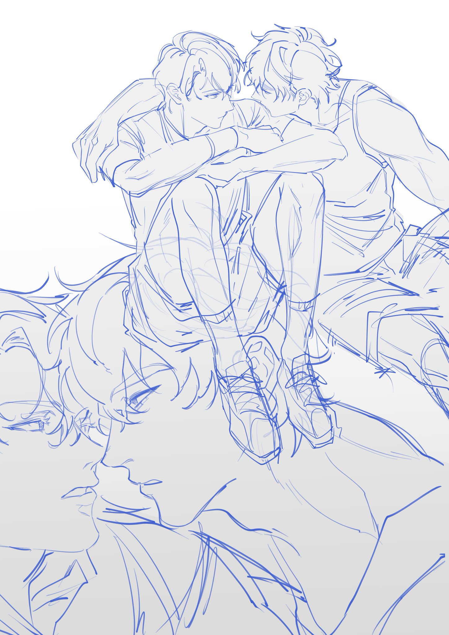 a light blue line sketch depicting two animestyle boys sitting close together, embracing affectionately. one boy has his arm around the other's shoulders, their heads close together, suggesting intimacy.  a third boy is partially visible in the lower portion of the sketch, facing the couple. the style is loose and suggestive, focusing more on the emotional connection between the central figures than precise detail.  the clothing is casual, and their footwear is visible. the overall style is reminiscent of manga or anime artwork, with dynamic lines suggesting movement and emotion.