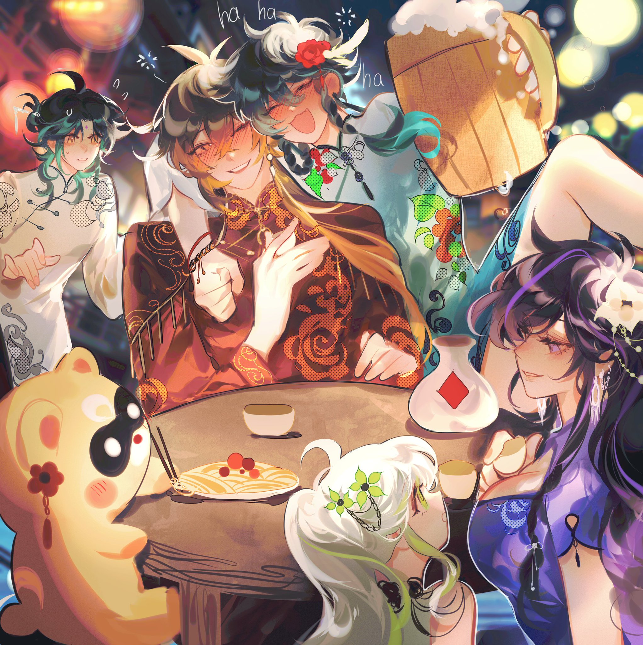 he illustration is a vibrant and dynamic portrayal of a group of animestyle characters gathered around a table, seemingly celebrating a festive occasion, possibly chinese new year.  the characters are diverse in appearance, attire, and expressions, ranging from cheerful laughter to playful smiles. the setting is richly detailed, with traditional chinese clothing, food (what looks like noodles), and a large beer stein adding to the festive atmosphere. the overall style is whimsical and charming, and the use of color is bold and expressive. a cute pandalike creature is also present. the artwork showcases a lively gathering with distinct personalities.