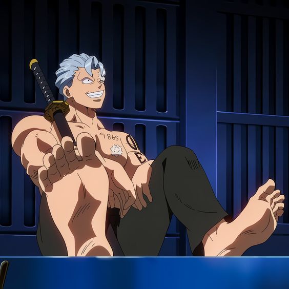 the image showcases a muscular, animestyle man with gray hair and a confident smirk. he is sitting barefoot on a ledge within a jail cell, indicated by the metal bars in the background. the man has a tattoo on his chest and arm, and he casually holds a sword across his lap. the lighting is dramatic, emphasizing his physique and expression. the low angle perspective contributes to his imposing presence.