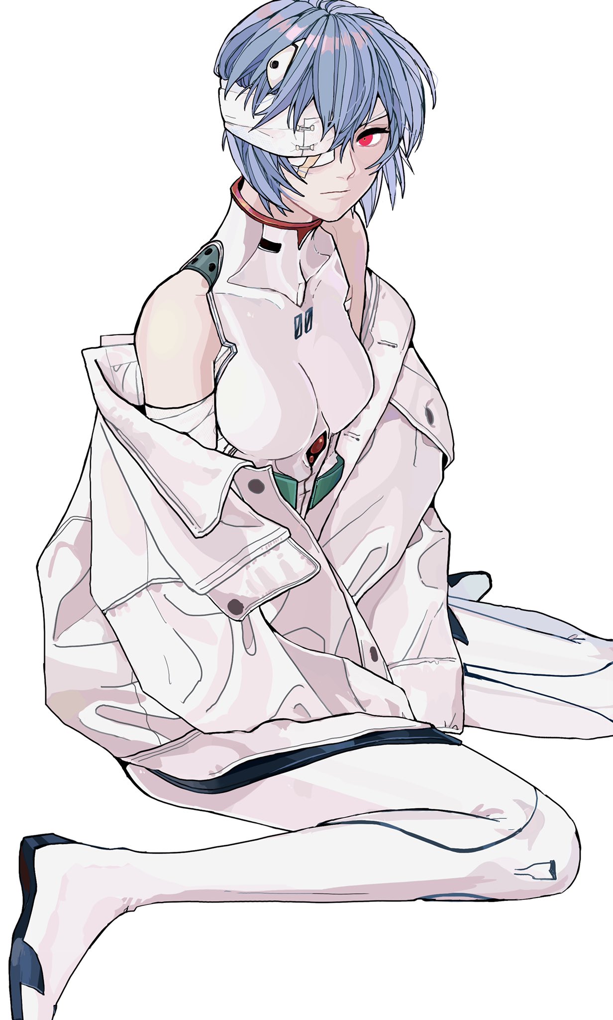 the image features a stylized illustration of rei ayanami, an anime girl with short, light blue hair and a red eye. she has a bandage covering one eye. she is depicted sitting, wearing an open white jacket over a white outfit. the artwork is clean with distinct line work and coloring.