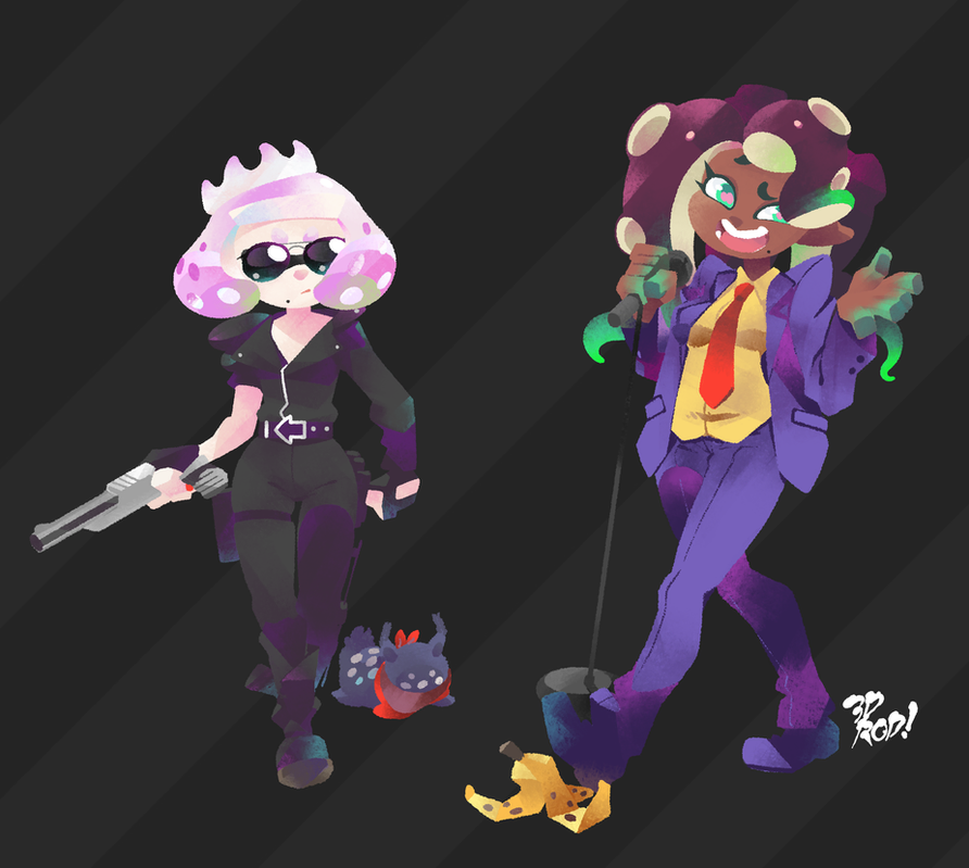 this is a digital illustration of two splatoon characters from the video game series. one is a squid girl in a black leather jacket and pants wielding a gun, and the other is a squid girl in a purple suit, holding a microphone and a banana.