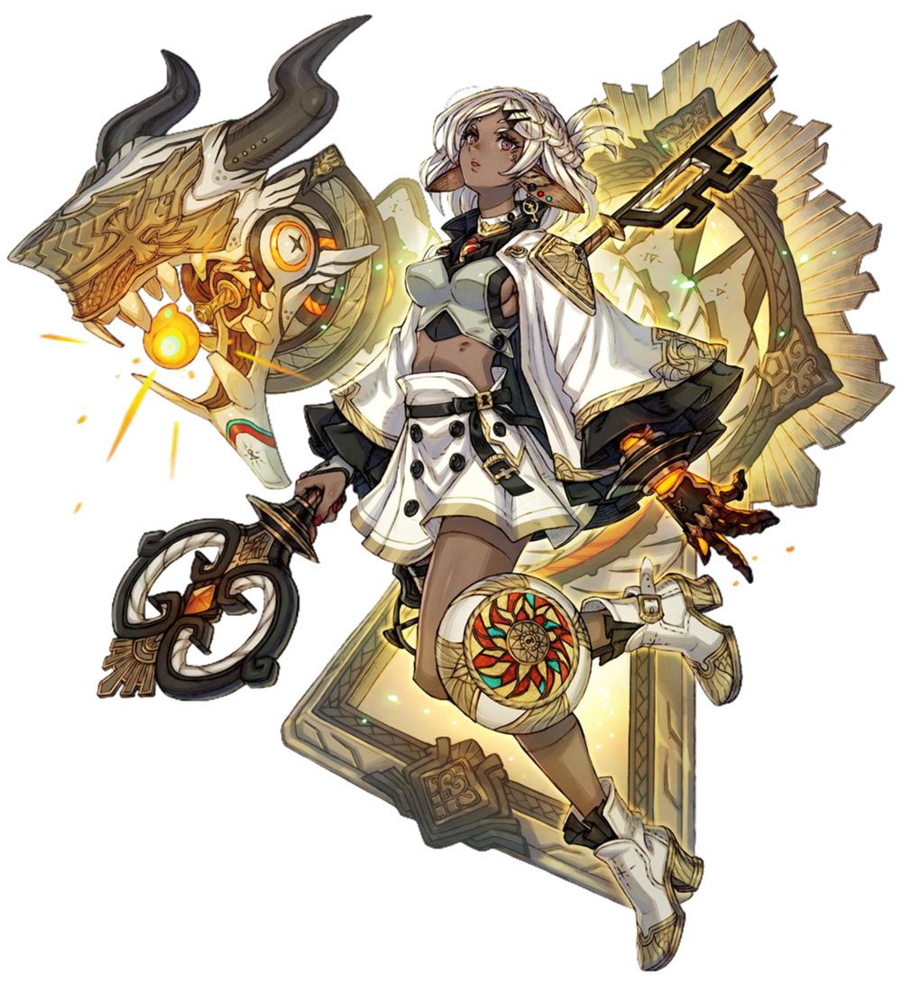 a female fantasy character with dark skin and white hair leaps amidst glowing, intricate clockwork designs. she wears a white and gold outfit and wields a large, ornate staff topped with a glowing orb. behind her, a massive clock face with celestial motifs adds to the magical atmosphere. the lighting is bright and dynamic, highlighting the character and the magical elements.