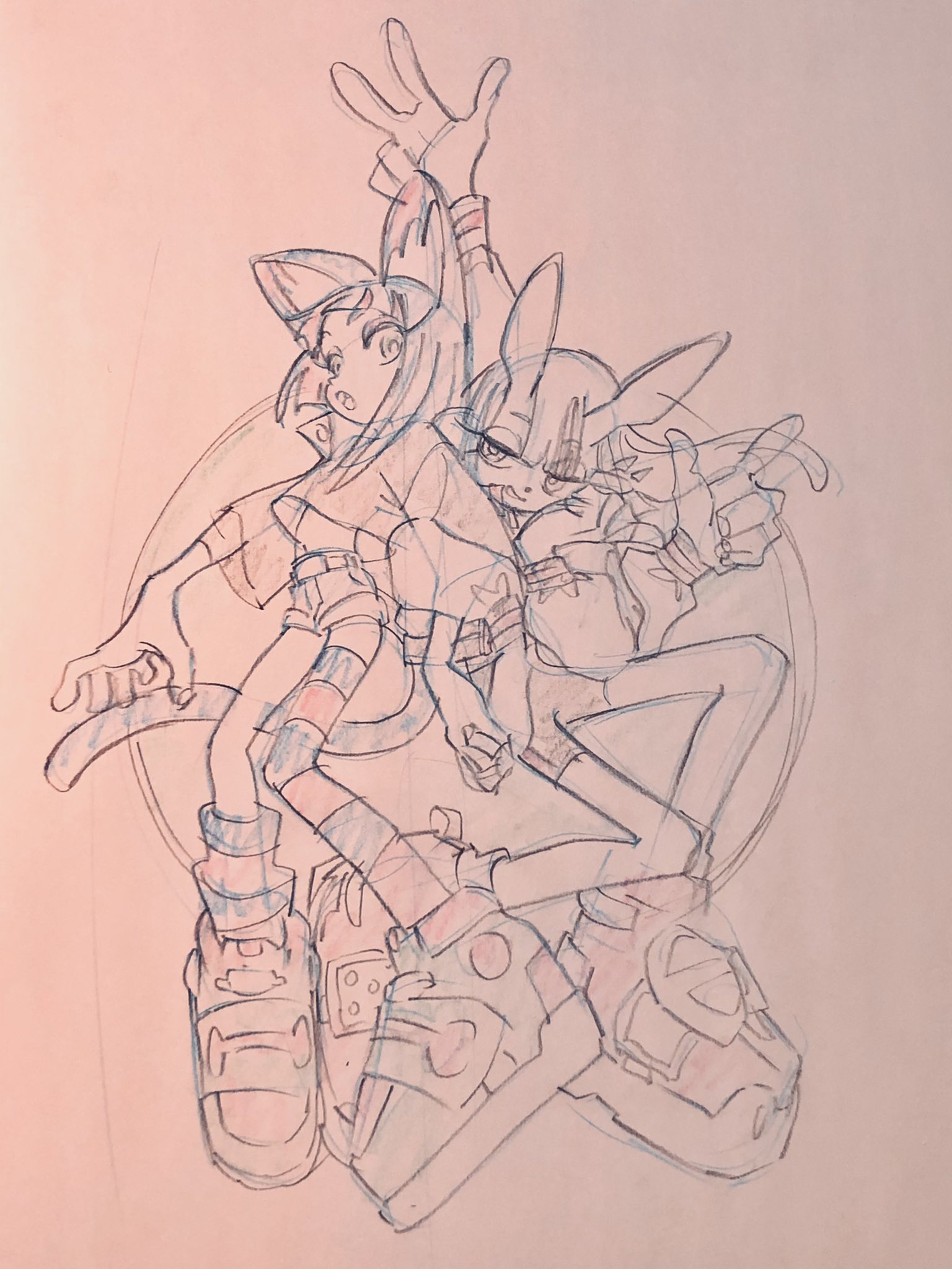a dynamic pencil sketch of two  original female characters with animal ears and futuristic sneakers, possibly inspired by manga or anime style. the characters are intertwined in a playful pose, suggesting movement and energy. the linework is fluid and expressive, capturing the characters' dynamism. the sketch is rendered in a limited palette of pencils, creating a sense of depth and volume.