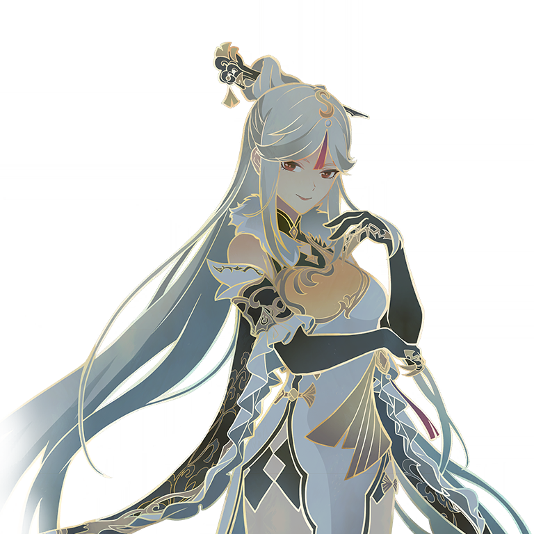 this is a digital illustration of ganyu, a character from the video game "genshin impact." she is standing with her right hand on her hip, her left hand is holding a folded fan, and her white hair is flowing down her back. she is wearing a long white dress adorned with gold embroidery. she looks elegant and graceful, and has an air of mystery about her. the artwork is in a bright, almost ethereal, style, and the background is black.