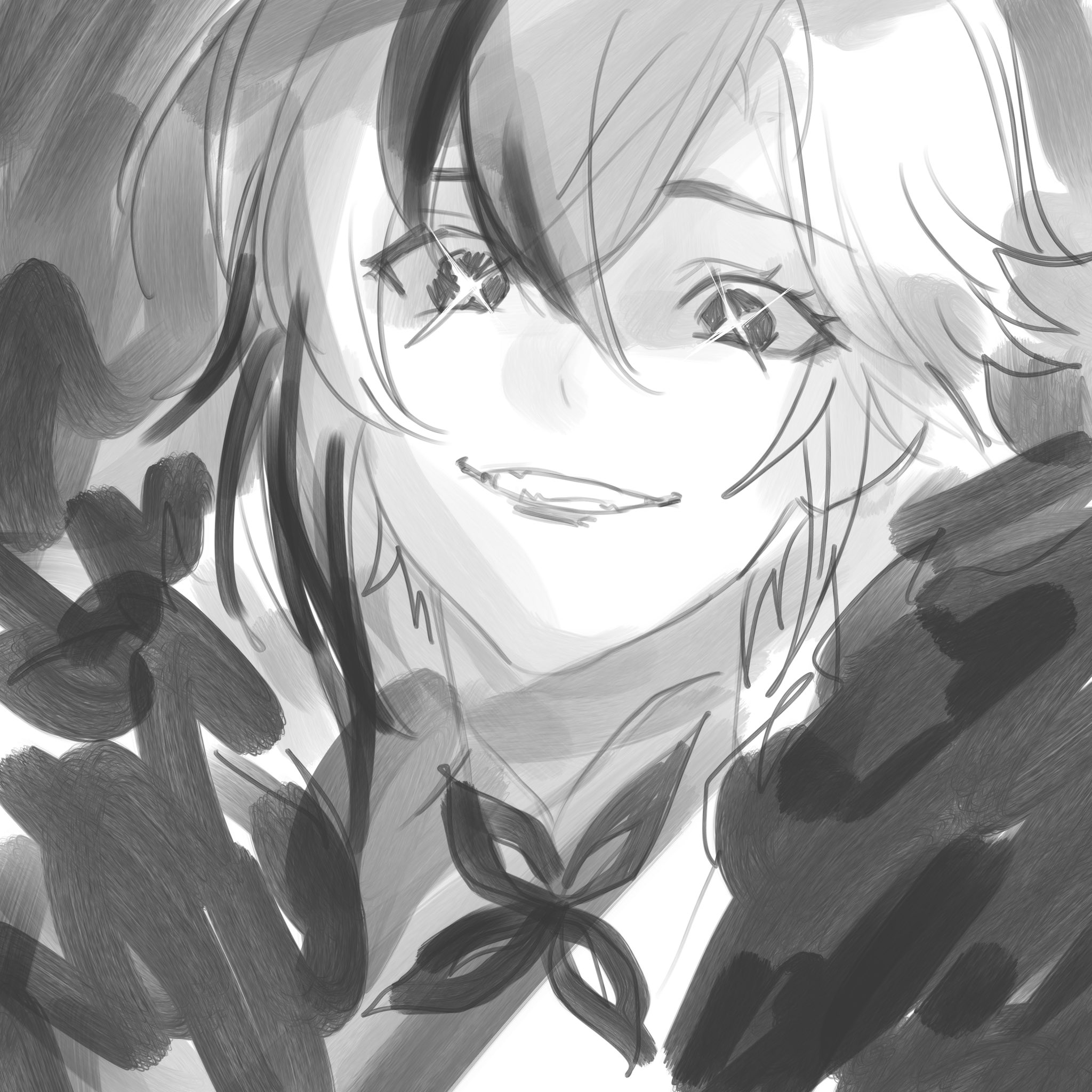 this is a black and white sketch of an anime girl. she has long black hair with bangs and her eyes are closed. she is smiling and wearing a collared shirt.  the background is very abstract with dark shapes in the background.