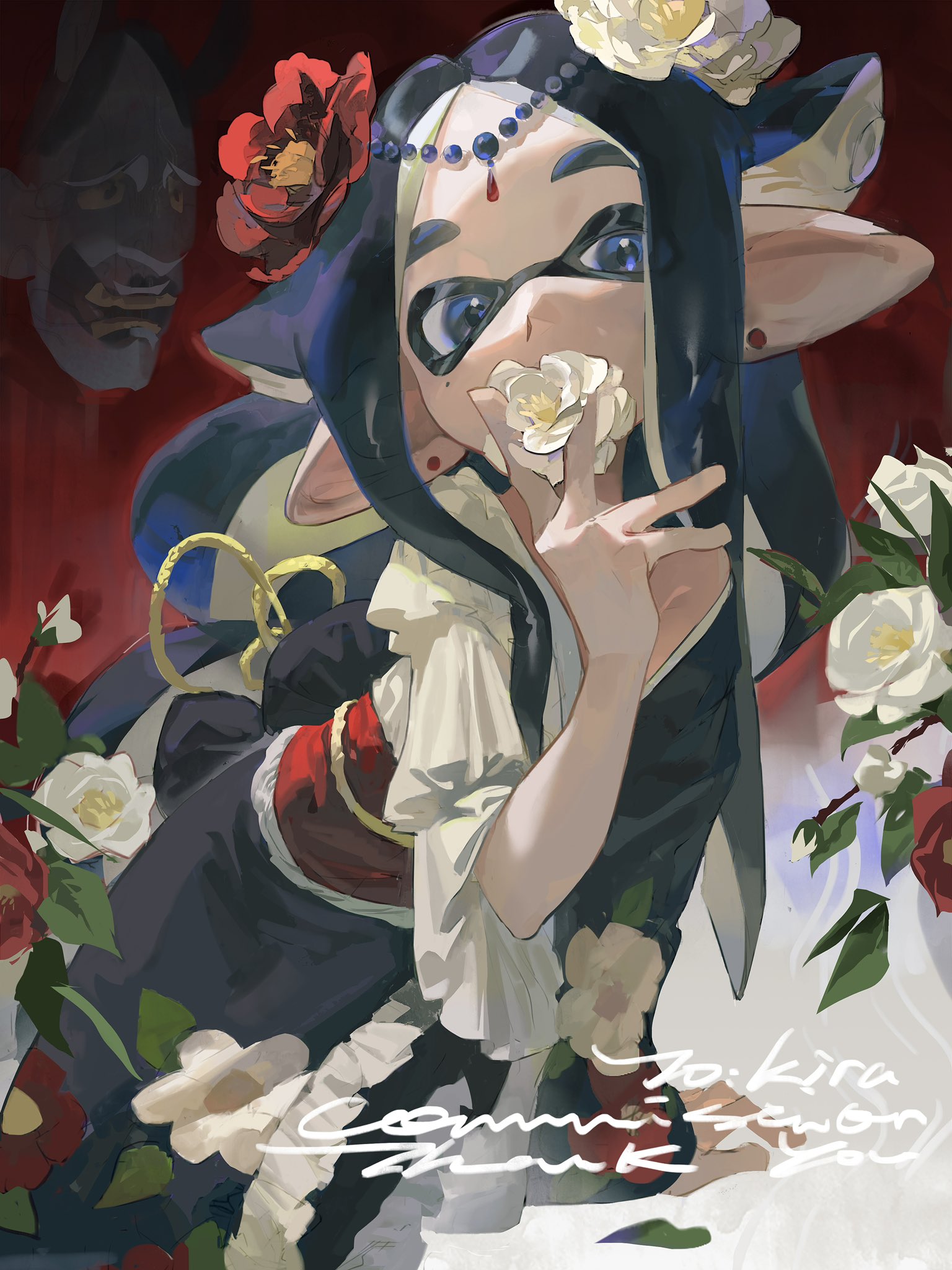 a colorful anime girl with big blue eyes and black hair that is pulled back into a ponytail is smiling as she holds a white flower. her hair is decorated with flowers, and she is wearing a black dress with a red sash and white frills. she is standing in a garden filled with white and red flowers, and a large red mask is visible in the background.  a signature on the bottom right says "to: kira commission, thank you."  the art style is mangainspired and the character's features are exaggerated to give a sense of cuteness and playfulness. the image is visually appealing and the character is captivating.  the image appears to be digital art and likely depicts a character from the video game splatoon.