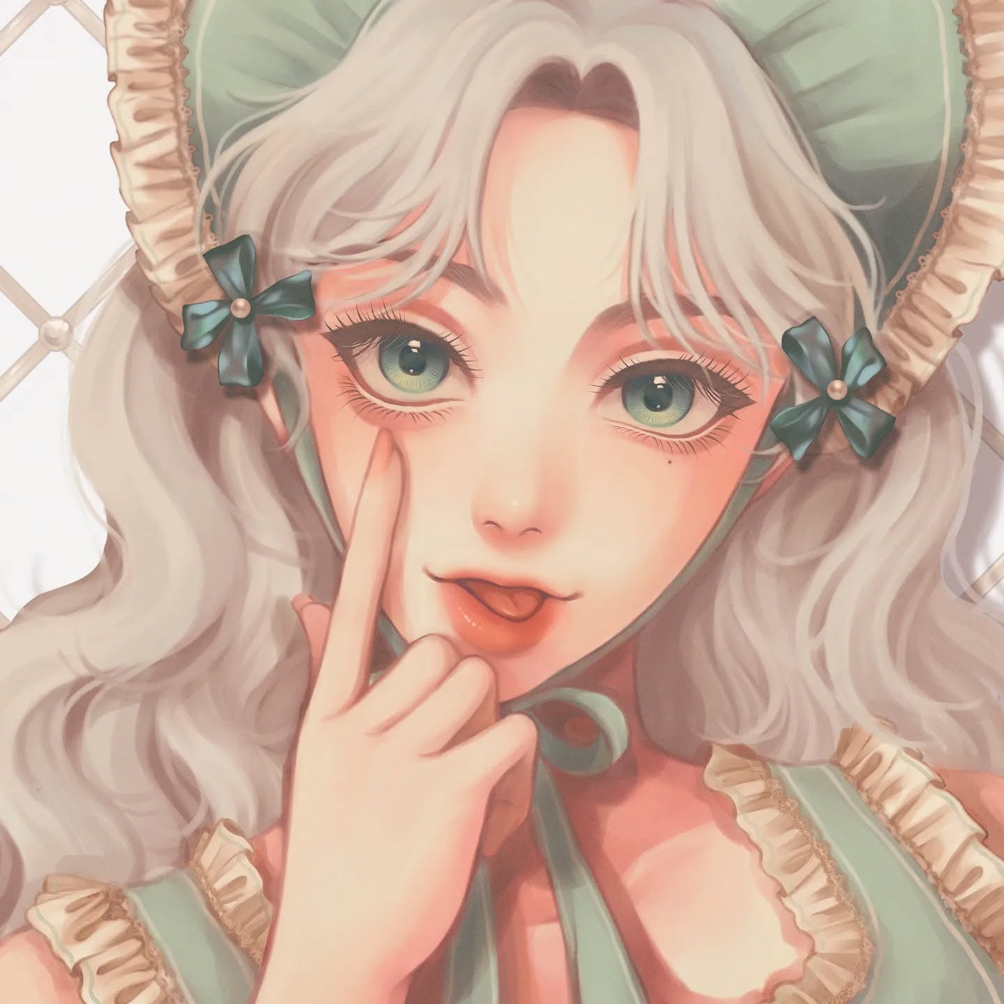 the image is a digital painting of an animestyle girl. she has long, flowing white hair and striking green eyes. she's wearing a pastel green dress with ruffled trim and a matching bonnet with lace details and small, light teal bows. her expression is playful and cute; her tongue peeks out slightly, and she's touching her cheek with one finger. the overall style is soft and delicate, with pastel colors creating a whimsical and charming atmosphere. the art style is reminiscent of illustrations found in light novels or online fan art.