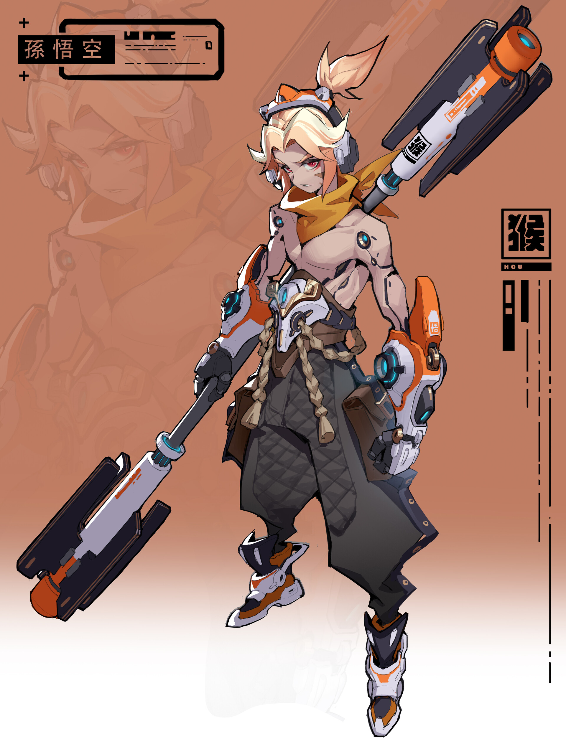 the image features a fullbody illustration of a futuristic animestyle male character. he has a serious expression and is carrying a large weapon over his shoulder. the character has a blonde hairstyle tied with an orange hair tie, wears a yellow scarf, and is dressed in futuristic armor with robotic arm pieces. his clothing includes gray quilted pants and white, orange, and black futuristic shoes. he's wearing a headset with furry ear covers. the background is a muted orange tone with text in asian characters.
