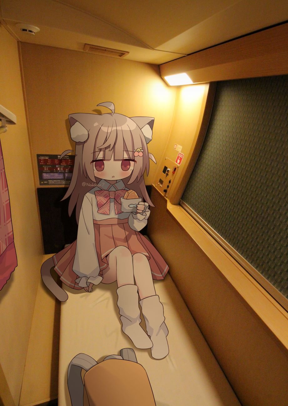 he image shows a cute anime girl with cat ears sitting on a bed in a capsule hotel. she is holding a snack and appears to be relaxing or sleeping. the setting suggests travel in japan. the art style is chibilike, with exaggerated features and a focus on cuteness. the overall tone is calming and peaceful.