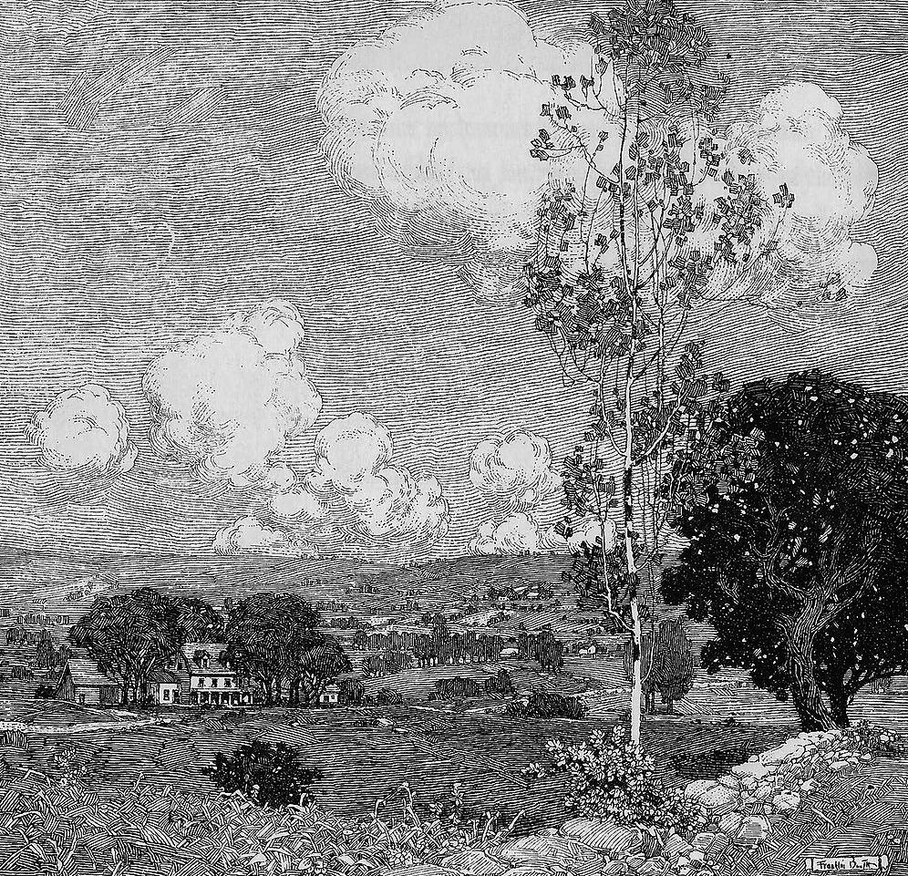 the image depicts a black and white illustration of a serene countryside scene. rolling hills are dotted with trees and a farmhouse in the distance. a tall, slender tree stands prominently in the foreground, its leaves rustling in the gentle breeze. puffy white clouds drift across a bright sky. the overall atmosphere is one of peace and tranquility.