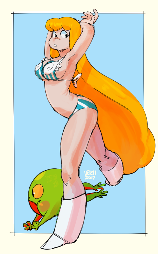 a blonde cartoon woman with long hair, wearing a white and blue bikini and white boots with pink socks, is smiling and standing on one leg. she is looking at the viewer. a green frog is laying on the ground and holding onto her foot. the background is a light blue sky.