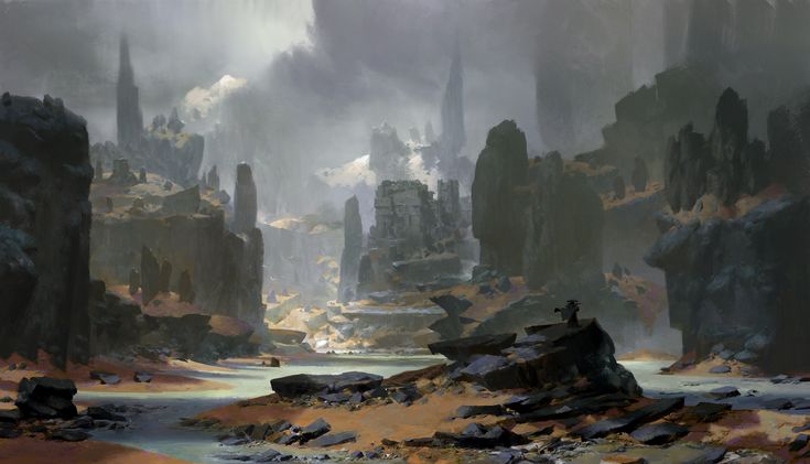 the image is a landscape painting depicting a rocky, mountainous environment. the scene is shrouded in mist and fog, creating a sense of mystery and depth. in the foreground, there's a body of water with a sandy shore, scattered with rocks. on one of the rocks, a person can be seen. the background features towering rock formations and mountains, with some shrouded in clouds. the color palette is dominated by muted grays, browns, and blues, emphasizing the rugged and somewhat desolate nature of the landscape.