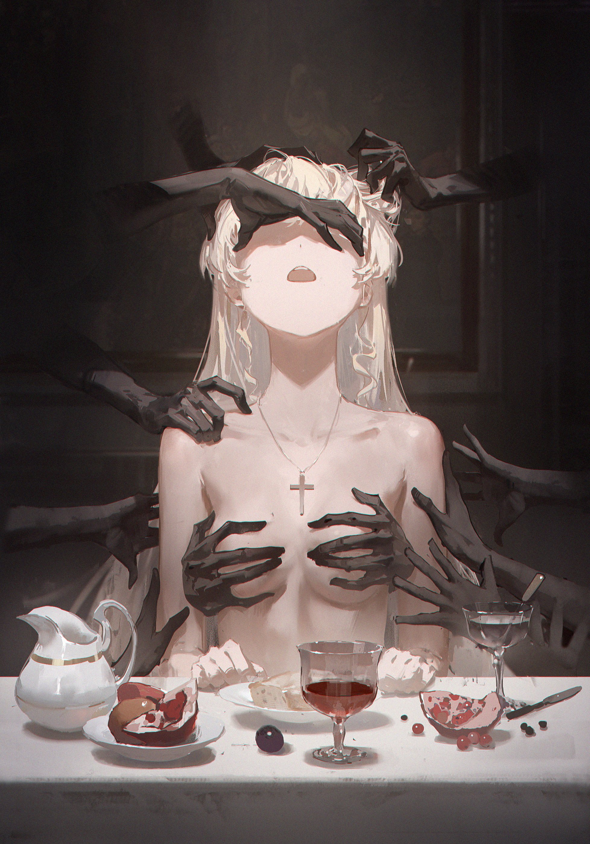 the image features an animestyle illustration of a fairskinned woman who is blindfolded. her bare shoulders and upper chest are visible. she wears a necklace with a cross pendant. around her, numerous dark, ghostly hands are reaching and touching her. in front of her, on a table, there are various items: a pitcher, a glass of wine, plates with food (including cheese and bread), and sliced pomegranates. the background is dark, which emphasizes the contrast with the light skin of the woman and the objects on the table.