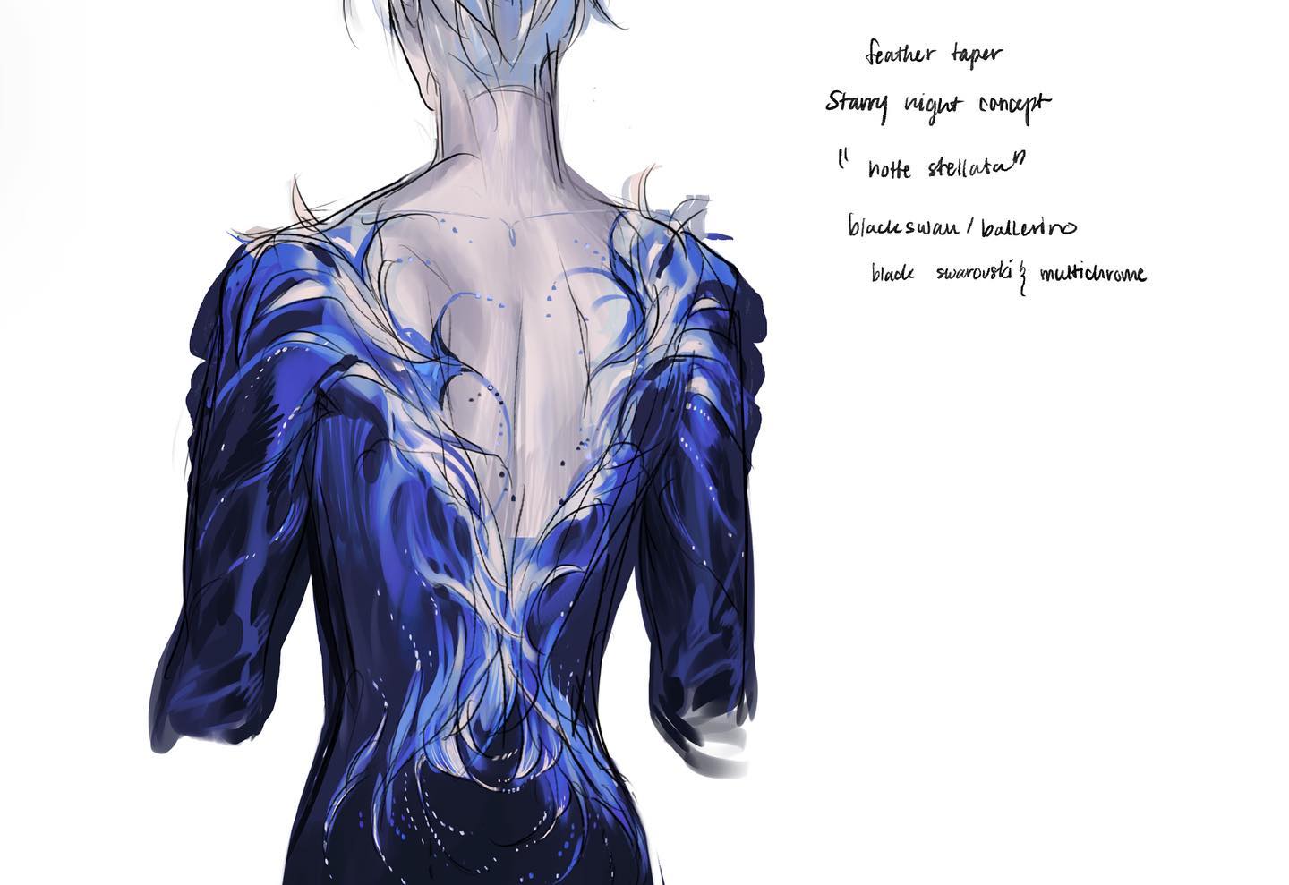 this is a fashion illustration showcasing a costume design concept, likely for a figure skater or dancer. the design, inspired by "starry night" and "black swan," features a blue bodysuit with a feathered, winglike pattern extending from the lower back upwards, mimicking the flow of starry night skies. the illustration highlights the back view, emphasizing the garment's dramatic silhouette. text annotations suggest the use of materials like swarovski crystals and multichrome fabrics for a shimmering, otherworldly effect.