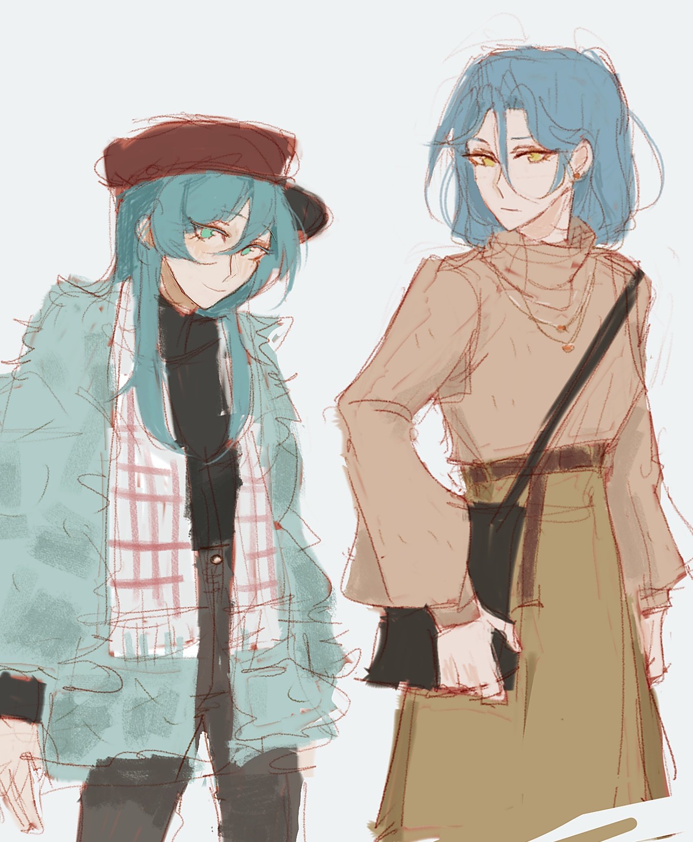 he image contains a drawing of two animestyle girls.  one has teal hair and is wearing a teal fuzzy coat with a plaid scarf and a maroon newsboy cap. the other girl has light blue hair and wears a beige sweater, a brown skirt, and carries a black shoulder bag. both have stylized features and clothing and are depicted in a casual, slightly sketched style.  the overall tone of the art is soft and warm.
