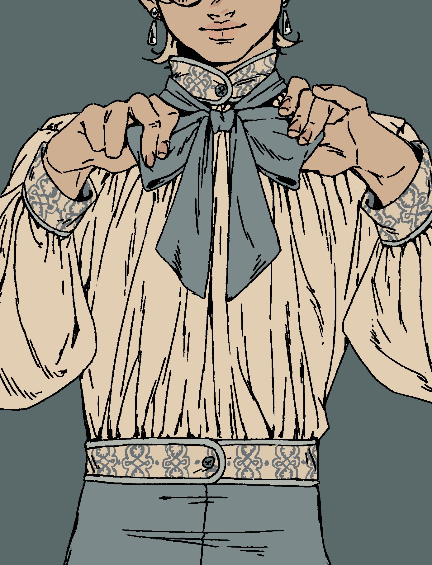 a line art illustration of a woman in a vintage style blouse, with a big bow tie, and a patterned belt. her sleeves are cuffed and she has a detailed patterned collar. the image is drawn in a retro style with a focus on the woman's clothing. she has dark hair and big eyes and is looking straight ahead at the viewer.